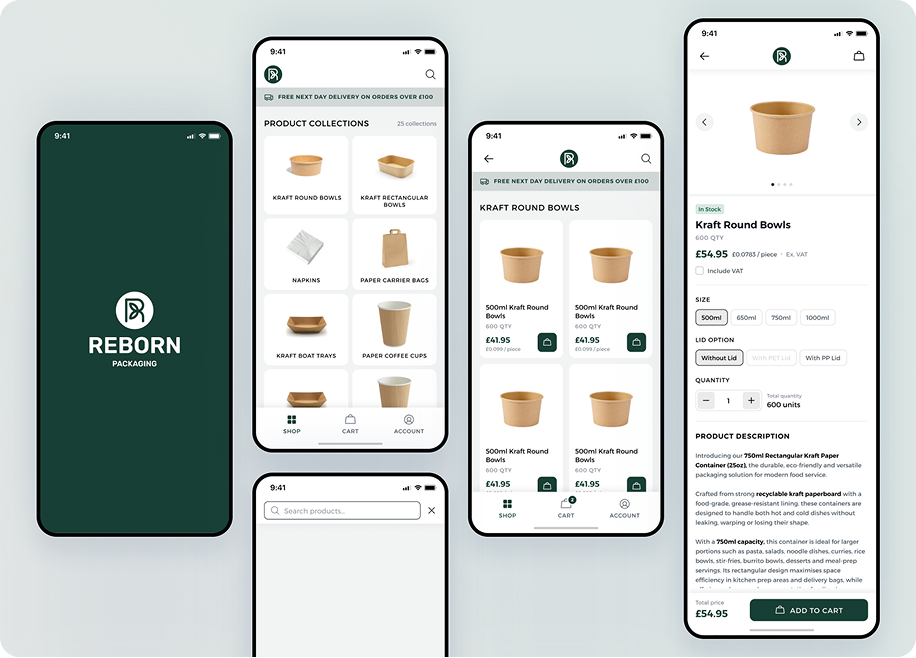 Reborn Packaging product discovery and shopping screens